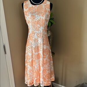 Danny & Nicole Peach and White Floral Lace Midi Dress